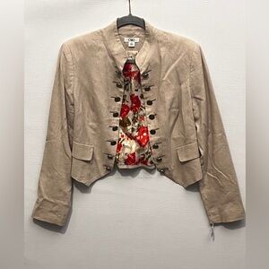 Cato Tan Beige Linen Military Blazer with Floral Lining Gold Buttons 8